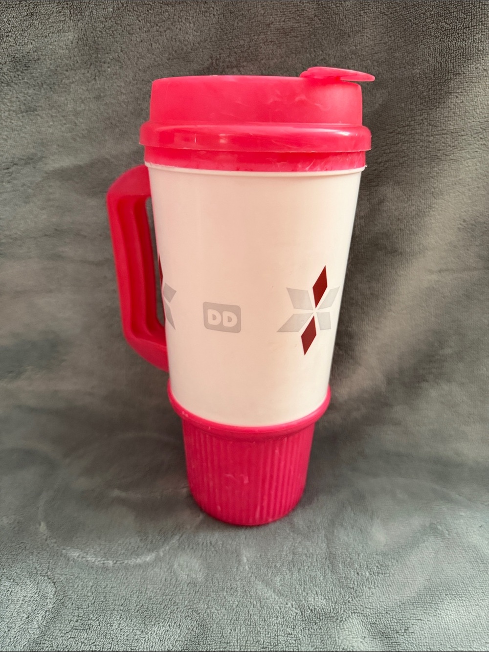 Dunkin Donuts Pink & White Insulated Travel Mug with Handle